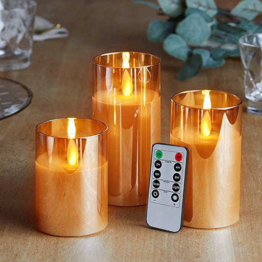 Golden Glass LED Moving Flame Pillar Candle